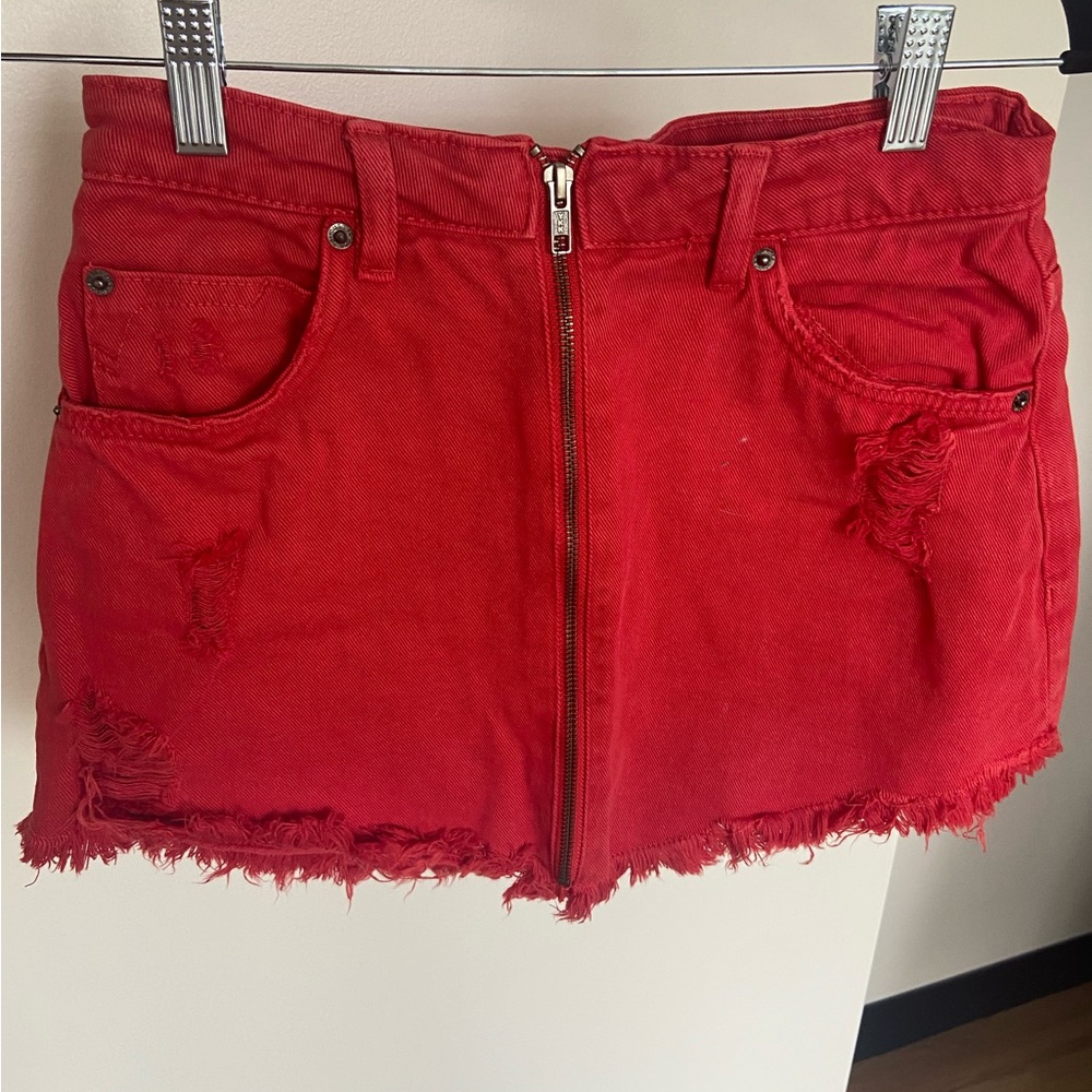 Bershka Red Denim Skirt with Zipper Size 4